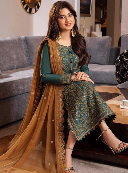 ASIM JOFA-3PC DHANAK EMBROIDERED SHIRT WITH CHIFFON EMBROIDERED DUPATTA AND TROUSER-BI-184