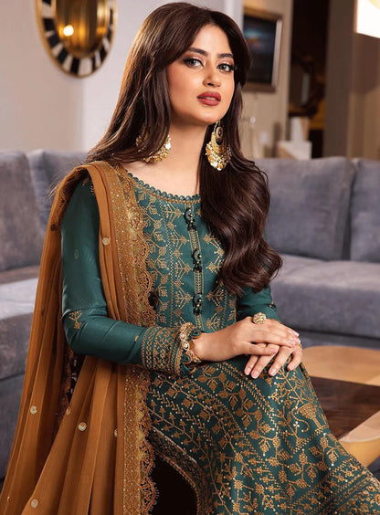 ASIM JOFA-3PC DHANAK EMBROIDERED SHIRT WITH CHIFFON EMBROIDERED DUPATTA AND TROUSER-BI-184