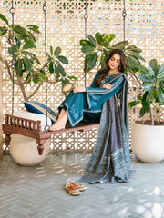 BrandsInn-3PC DHANAK EMBROIDERED SHIRT WITH COURTRAI PRINTED SHAWL & TROUSER-BI-4387