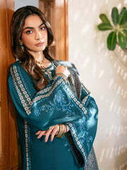BrandsInn-3PC DHANAK EMBROIDERED SHIRT WITH COURTRAI PRINTED SHAWL & TROUSER-BI-4387