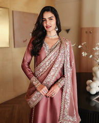 BrandsInn-3PC-RAW SILK HAND EMB EMBELLISHED SHIRT WITH SOFT SILK EMB DUPATTA AND RAW SILK TROUSER-BI-5214