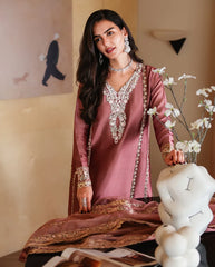 BrandsInn-3PC-RAW SILK HAND EMB EMBELLISHED SHIRT WITH SOFT SILK EMB DUPATTA AND RAW SILK TROUSER-BI-5214