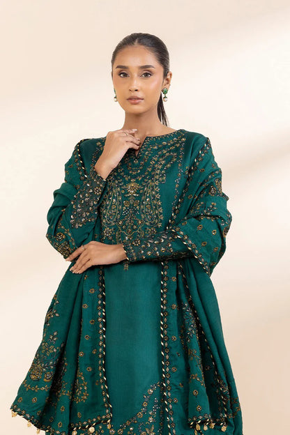 BrandsInn-3PC DHANAK EMBROIDERED SHIRT WITH DHANAK EMBROIDERED SHAWL AND TROUSE-BI-4148