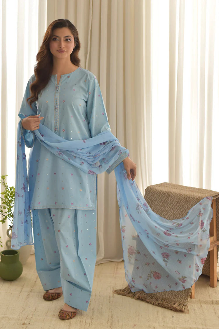 BrandsInn-3PC DHANAK EMBROIDERED SHIRT WITH COURTRAI PRINTED SHAWL AND EMB TROUSER-BI-4255
