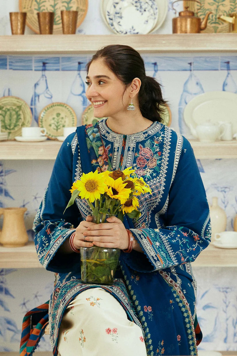 BrandsInn- 3PC DHANAK EMBROIDERED SHIRT WITH COUTRAI WOOL PRINT SHAWL & EMB TROUSER -BI-4058