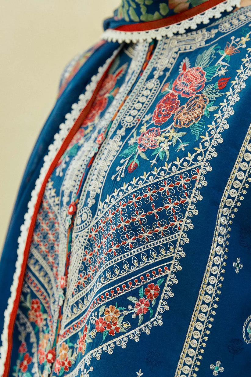 BrandsInn- 3PC DHANAK EMBROIDERED SHIRT WITH COUTRAI WOOL PRINT SHAWL & EMB TROUSER -BI-4058