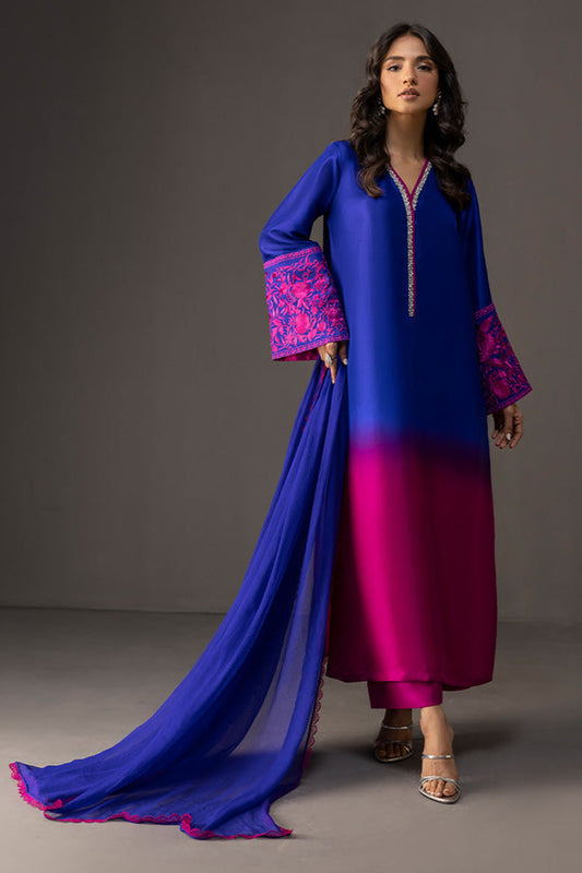BrandsInn-3PC SHAMOZE SILK PRINTED EMB SHIRT WITH SOFT SILK PRINTED DUPATTA & TROUSER-BI-4332
