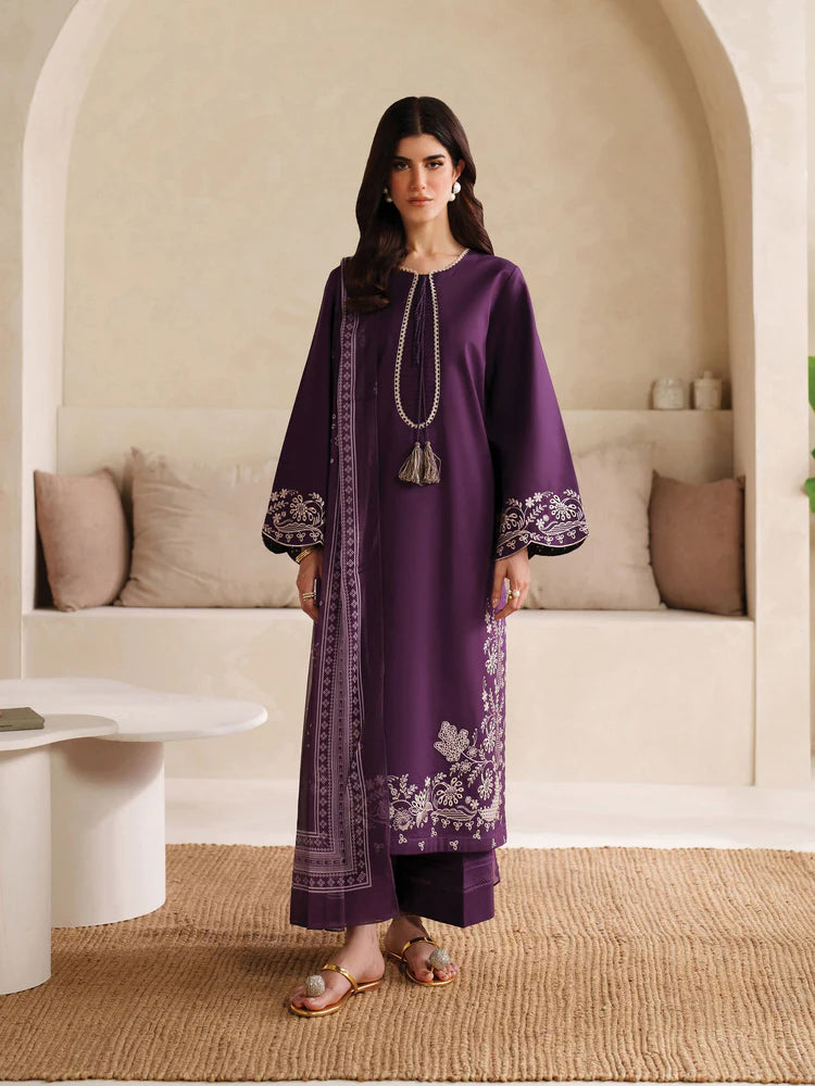BrandsInn-3PC DHANAK EMBROIDERED SHIRT WITH COURTRAI PRINTED SHAWL AND TROUSER-BI-4305