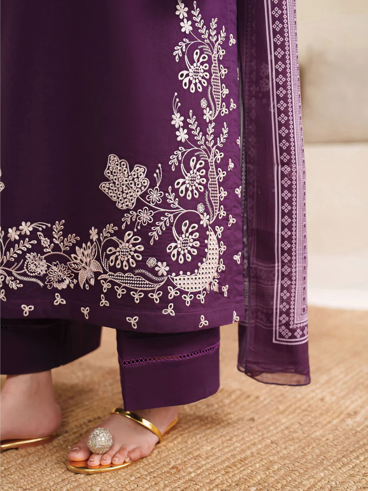 BrandsInn-3PC DHANAK EMBROIDERED SHIRT WITH COURTRAI PRINTED SHAWL AND TROUSER-BI-4305