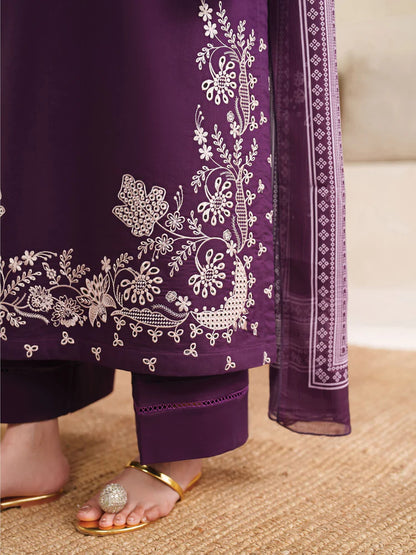 BrandsInn-3PC DHANAK EMBROIDERED SHIRT WITH COURTRAI PRINTED SHAWL AND TROUSER-BI-4305