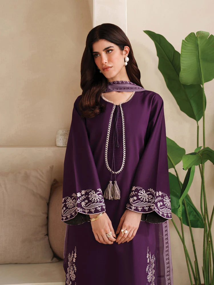 BrandsInn-3PC DHANAK EMBROIDERED SHIRT WITH COURTRAI PRINTED SHAWL AND TROUSER-BI-4305