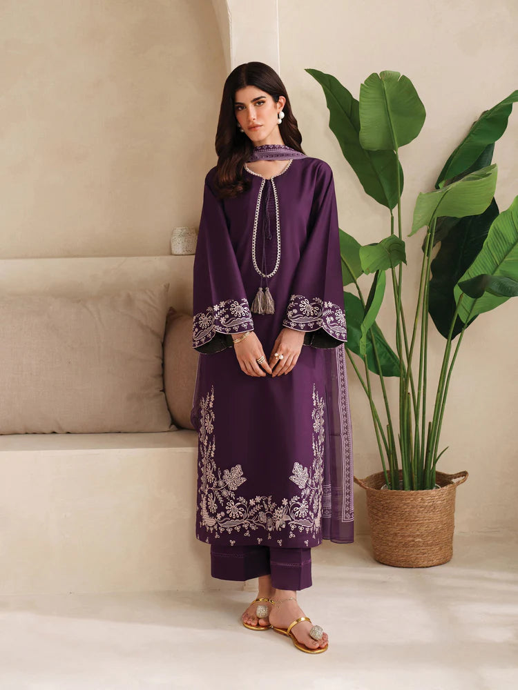 BrandsInn-3PC DHANAK EMBROIDERED SHIRT WITH COURTRAI PRINTED SHAWL AND TROUSER-BI-4305