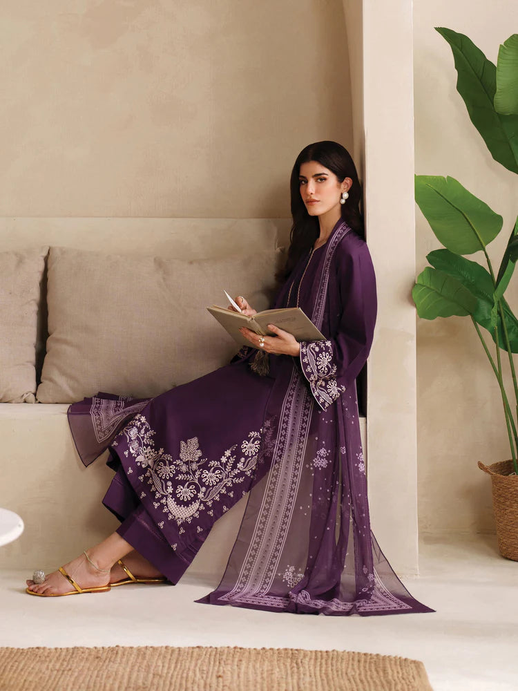 BrandsInn-3PC DHANAK EMBROIDERED SHIRT WITH COURTRAI PRINTED SHAWL AND TROUSER-BI-4305
