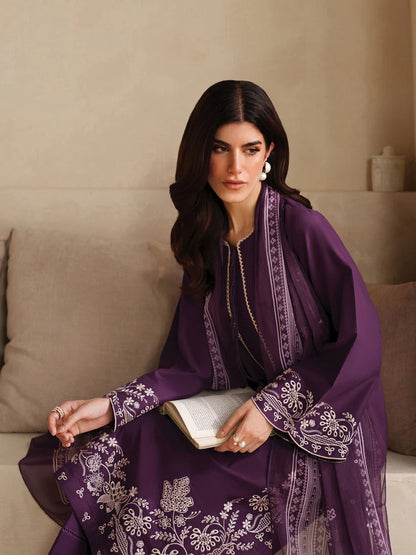 BrandsInn-3PC DHANAK EMBROIDERED SHIRT WITH COURTRAI PRINTED SHAWL AND TROUSER-BI-4305