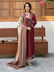 BrandsInn-3PC KHADDAR EMBROIDERED SHIRT WITH COURTRAI PRINTED SHAWL & TROUSER-BI-4384