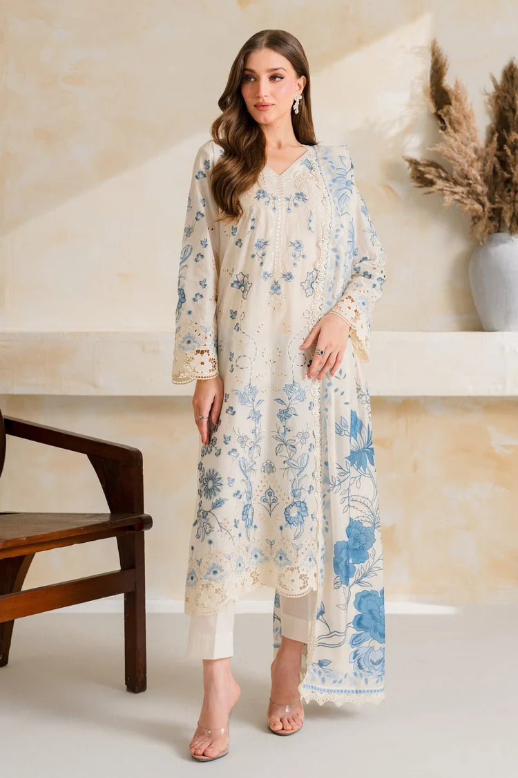 BrandsInn-3PC DHANAK EMBROIDERED SHIRT WITH COURTRAI PRINTED EMB SHAWL AND TROUSER-BI-5228