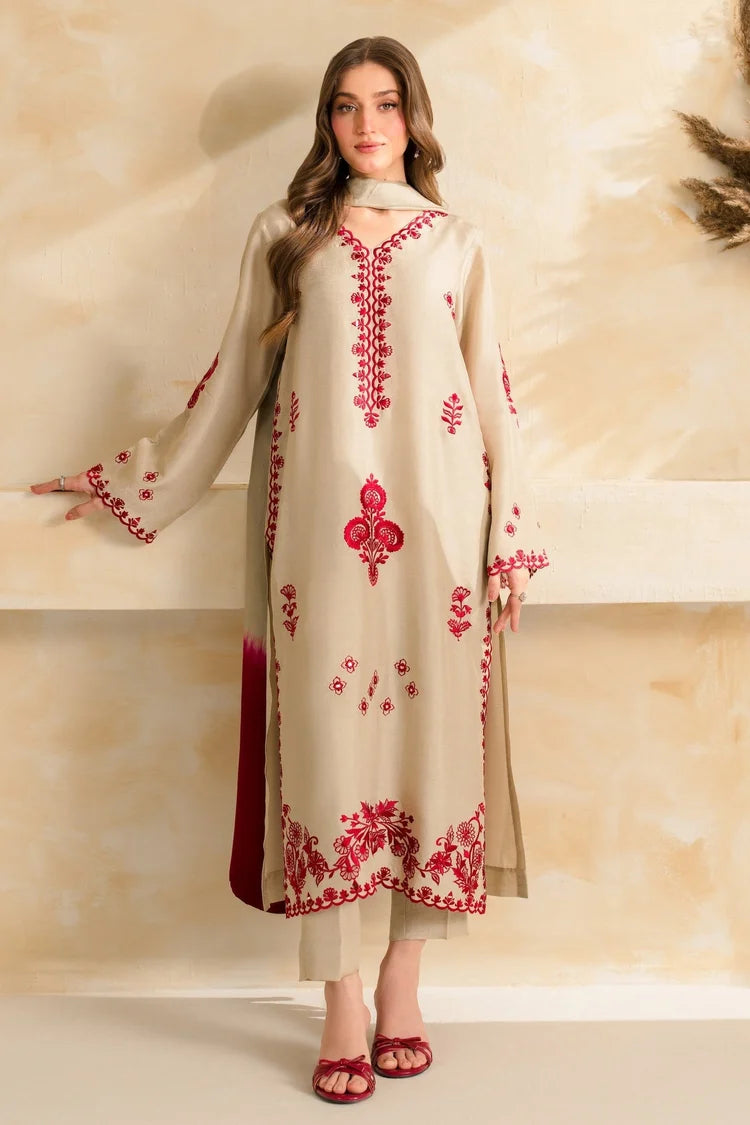 BrandsInn-3PC DHANAK EMBROIDERED SHIRT WITH CHIFFON TYE&DYE DUPATTA SHAWL AND TROUSER-BI-5222