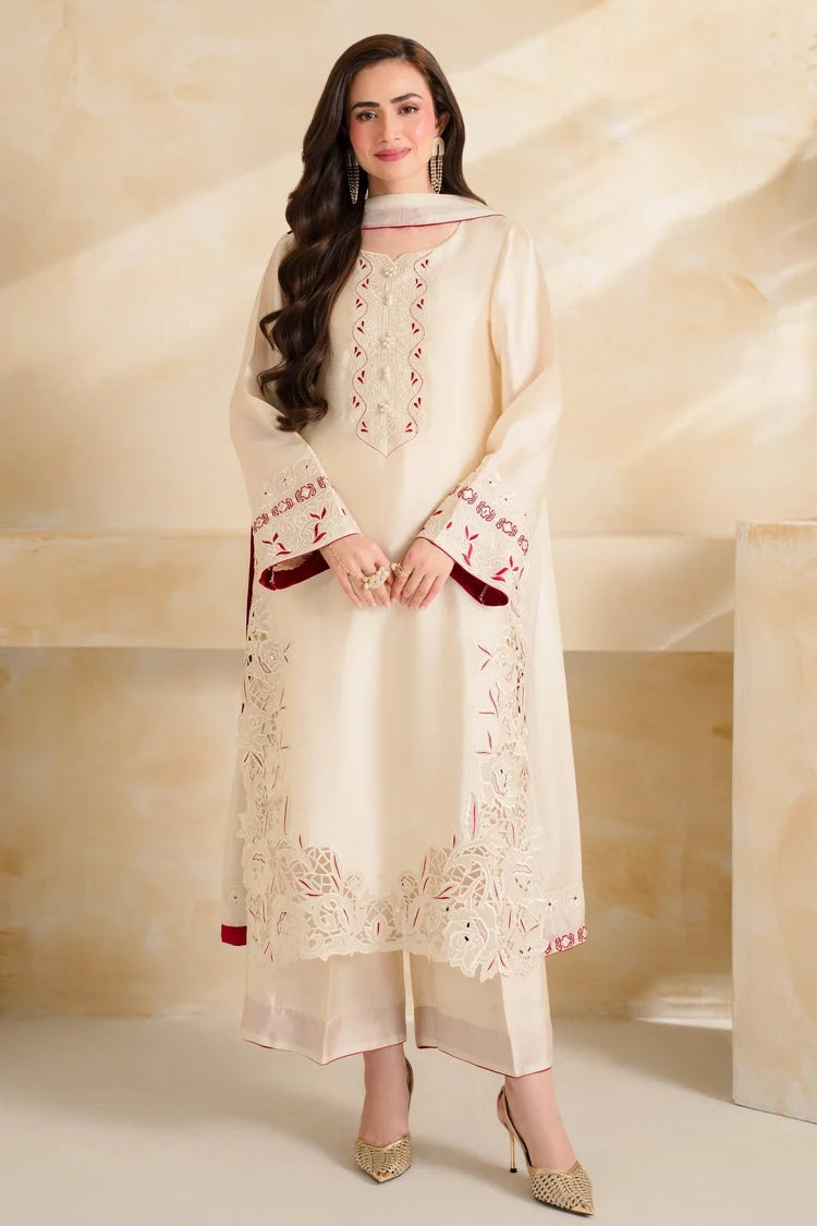 BrandsInn-3 PIECE DHANAK EMBROIDERED SHIRT WITH DHANAK EMBROIDERED SHAWL AND TROUSER-BI-5232