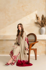 BrandsInn-3PC DHANAK EMBROIDERED SHIRT WITH CHIFFON TYE&DYE DUPATTA SHAWL AND TROUSER-BI-5222