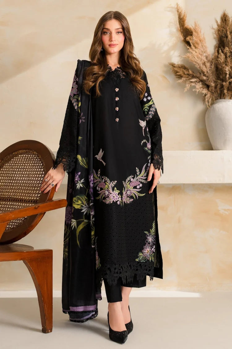BrandsInn-3PC DHANAK EMBROIDERED SHIRT WITH COUTRAI PRINTED SHAWL TYE&DYE DUPATTA SHAWL AND TROUSER-BI-5223