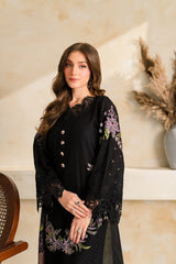 BrandsInn-3PC DHANAK EMBROIDERED SHIRT WITH COUTRAI PRINTED SHAWL TYE&DYE DUPATTA SHAWL AND TROUSER-BI-5223