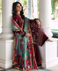 BrandsInn-3PC DHANAK EMBROIDERED SHIRT WITH COUTRAI PRINTED SHAWL AND TROUSER-BI-5252