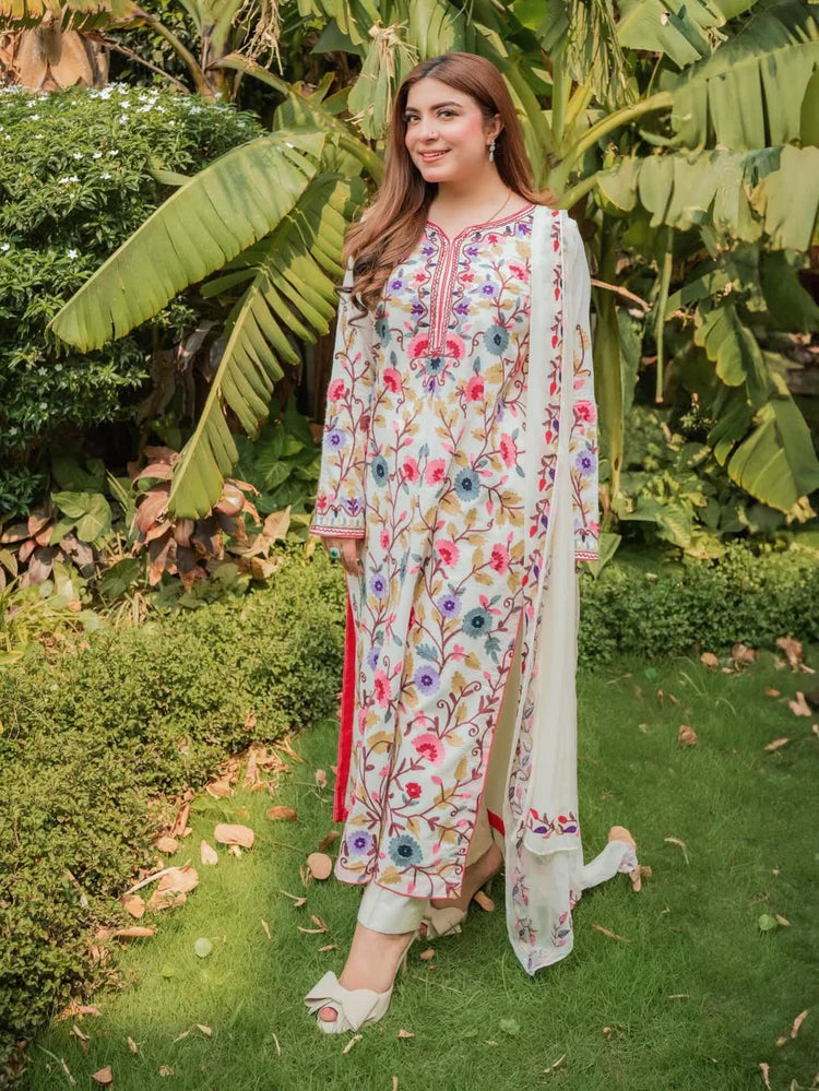BrandsInn-3PC DHANAK EMBROIDERED SHIRT WITH BAMBER CHIFFON EMBROIDERED DUPATTA & TROUSER-BI-4299