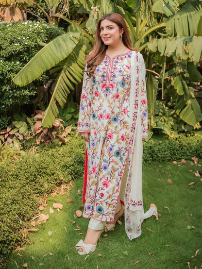 BrandsInn-3PC DHANAK EMBROIDERED SHIRT WITH BAMBER CHIFFON EMBROIDERED DUPATTA & TROUSER-BI-4299