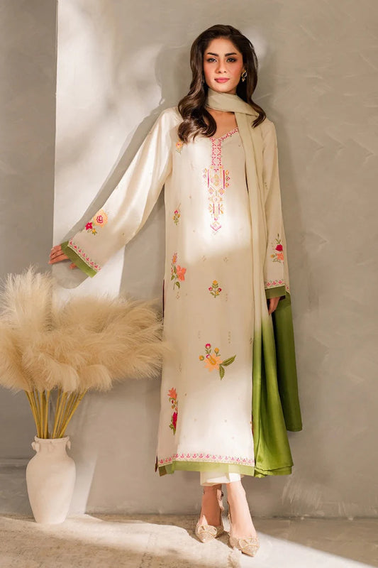 BrandsInn-3PC DHANAK EMBROIDERED SHIRT WITH BAMBER CHIFFON DUPATTA AND TROUSER-BI-4289