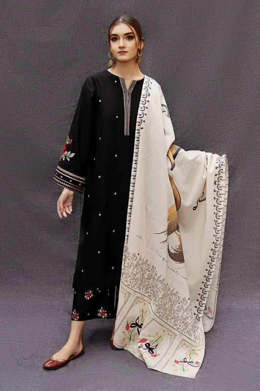 BrandsInn- 3PC LAWN EMBROIDERED SHIRT WITH MONARK PRINT DUPATTA AND TROUSER-BI-233