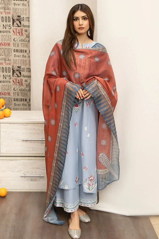 BrandsInn- 3PC DHANAK EMBROIDERED SHIRT WITH COUTURE WOOL PRINT SHAWL AND EMB TROUSER-BIC-4017