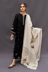 BrandsInn-3PC DHANAK EMBROIDERED SHIRT WITH COUTRAI PRINTED SHAWL AND EMB TROUSER-BI-233