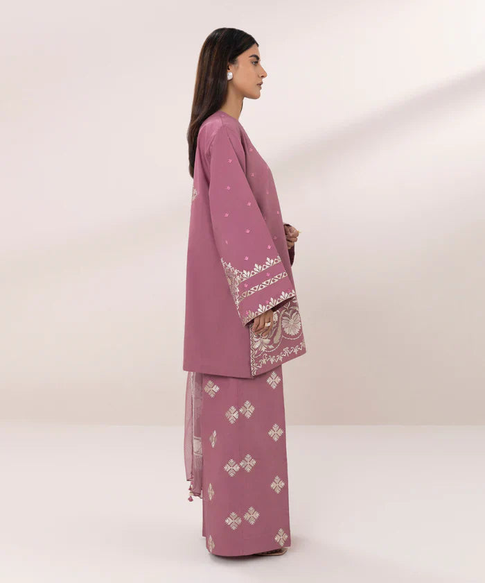 BrandsInn-3PC DHANAK EMBROIDERED SHIRT COUTRAI PRINTED SHAWL & EMB TROUSER-BI-4157