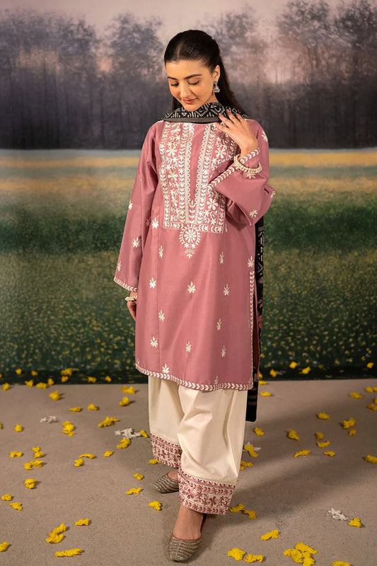BrandsInn-3PC DHANAK EMBROIDERED SHIRT WITH COUTRAI WOOL PRINTED SHAWL AND EMB TROUSER-BI-4151