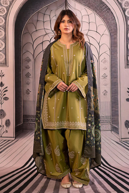BrandsInn-3PC DHANAK EMBROIDERED SHIRT WITH COUTRAI PRINTED SHAWL & EMB TROUSER-BI-4118