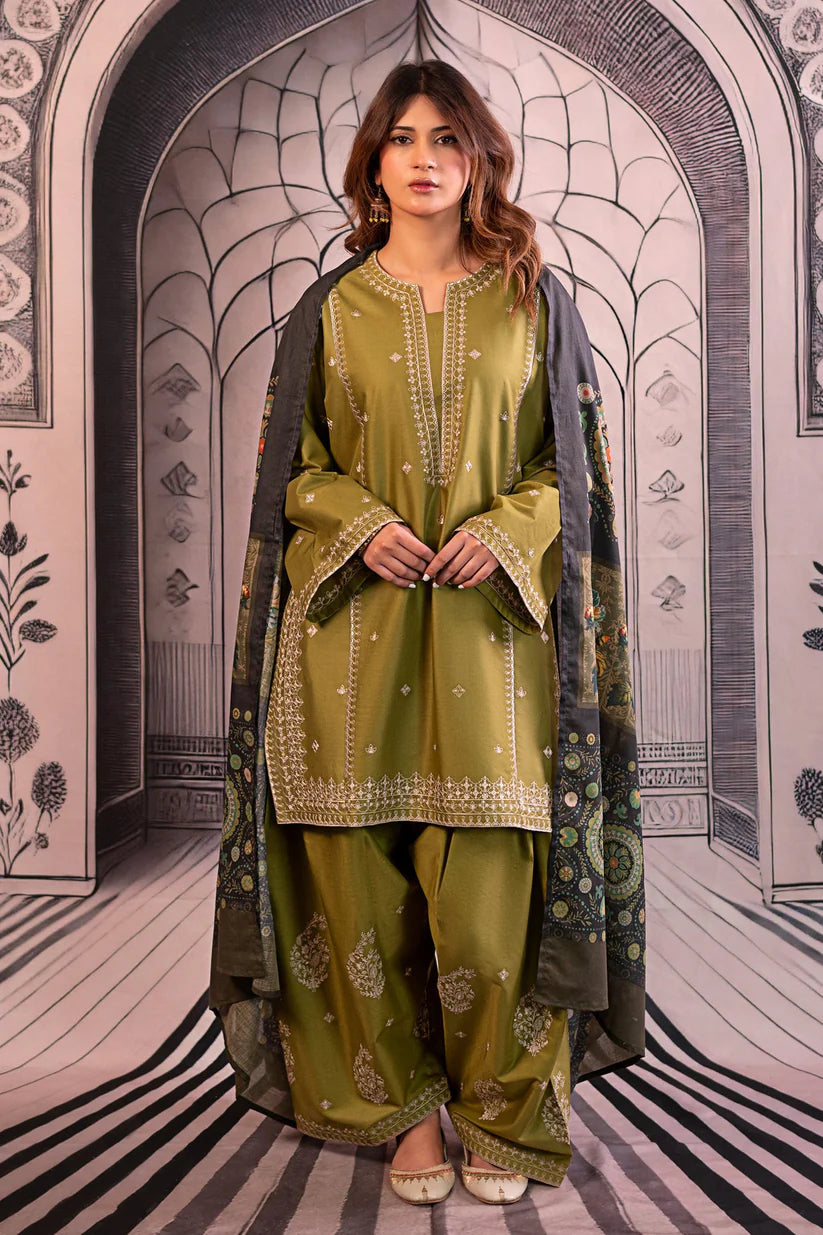 BrandsInn-3PC DHANAK EMBROIDERED SHIRT WITH COUTRAI PRINTED SHAWL & EMB TROUSER-BI-4118
