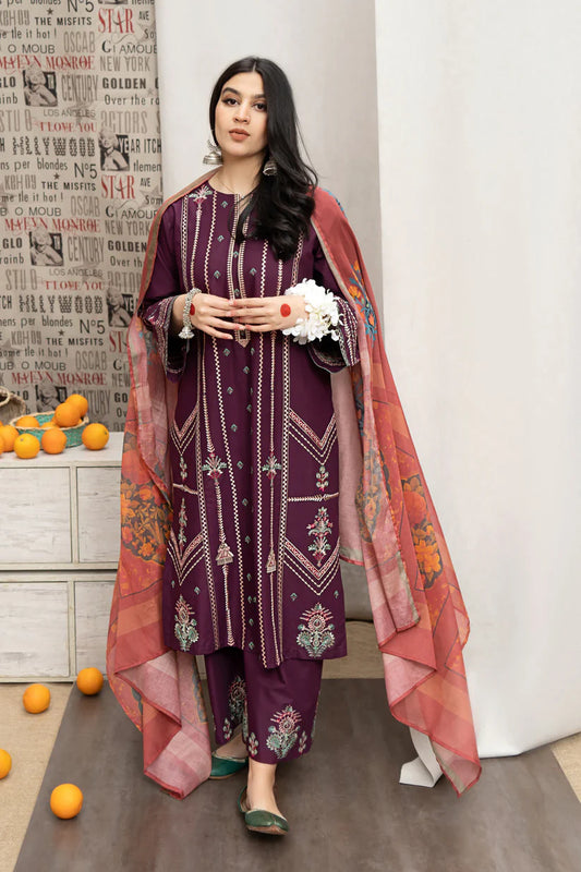 BrandsInn- 3PC DHANAK EMBROIDERED SHIRT WITH COUTURE WOOL PRINT SHAWL AND EMB TROUSER-BI-4125