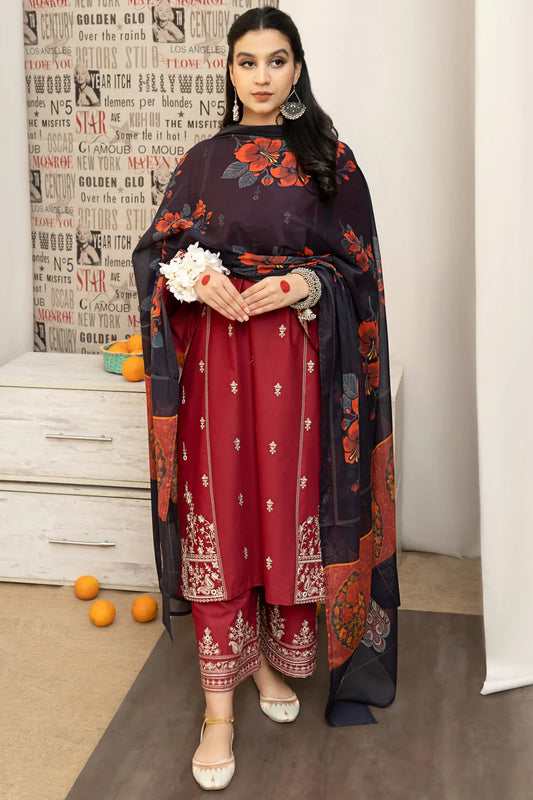 BrandssInn-3PC DHANAK EMBROIDERED SHIRT WITH COUTRAI PRINTED SHAWL AND EMB TROUSER-BI-4126