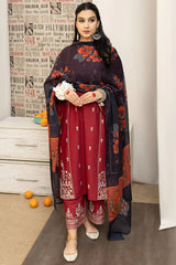 BrandssInn-3PC DHANAK EMBROIDERED SHIRT WITH COUTRAI PRINTED SHAWL AND EMB TROUSER-BI-4126