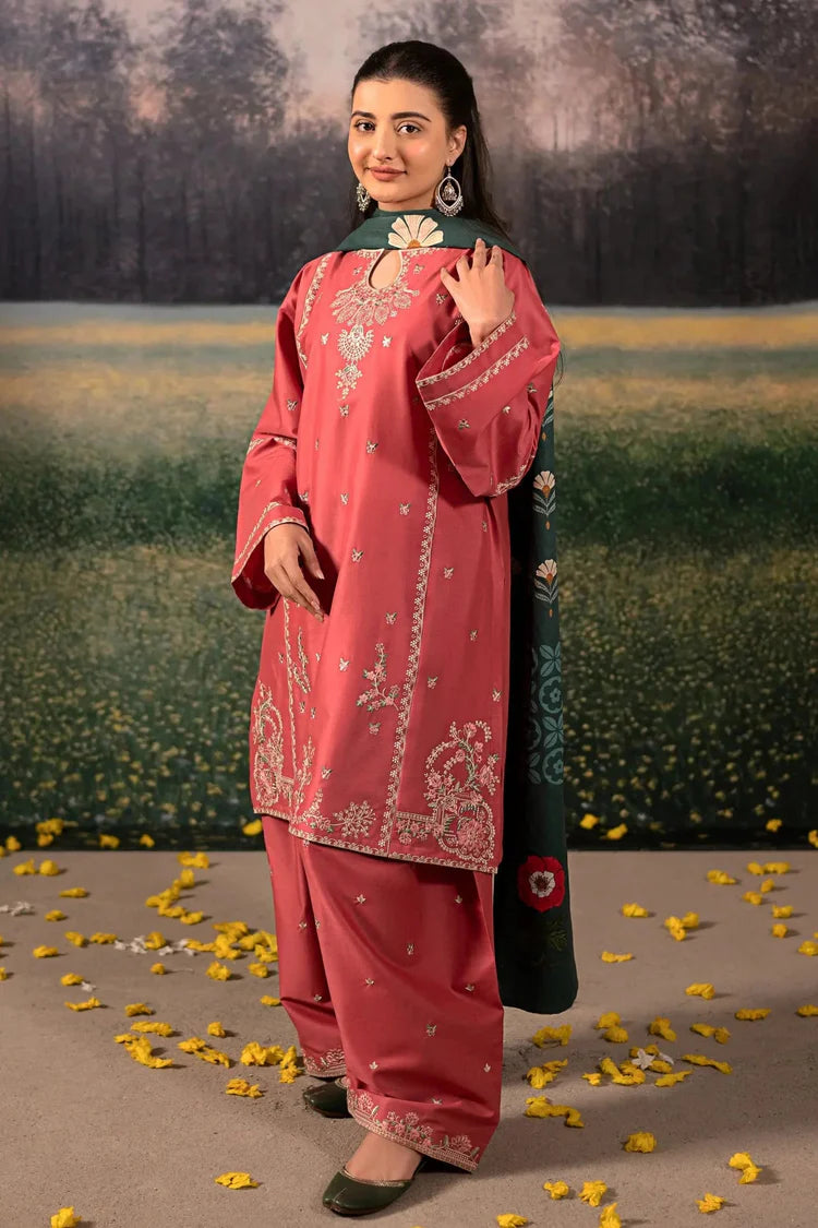 BrandsInn-3PC DHANAK EMBROIDERED SHIRT WITH COURTRAI PRINTED SHAWL AND EMB TROUSER-BI-4203
