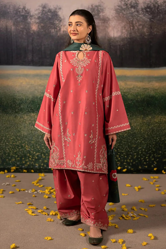 BrandsInn-3PC DHANAK EMBROIDERED SHIRT WITH COURTRAI PRINTED SHAWL AND EMB TROUSER-BI-4203