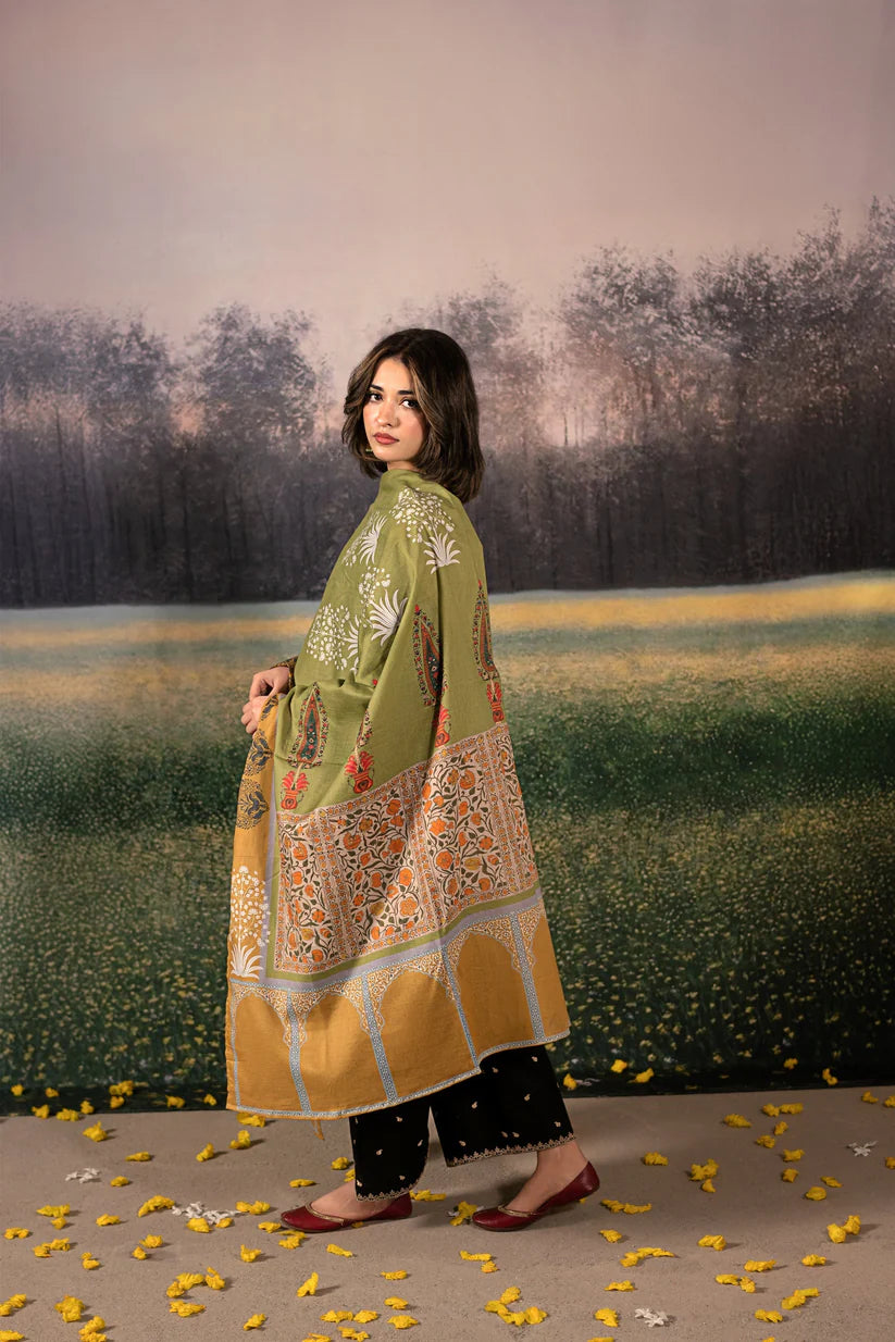 BrandsInn-3PC DHANAK EMBROIDERED SHIRT WITH COUTRAI PRINTED SHAWL & DHANAK EMB TOUSER-BI-4179