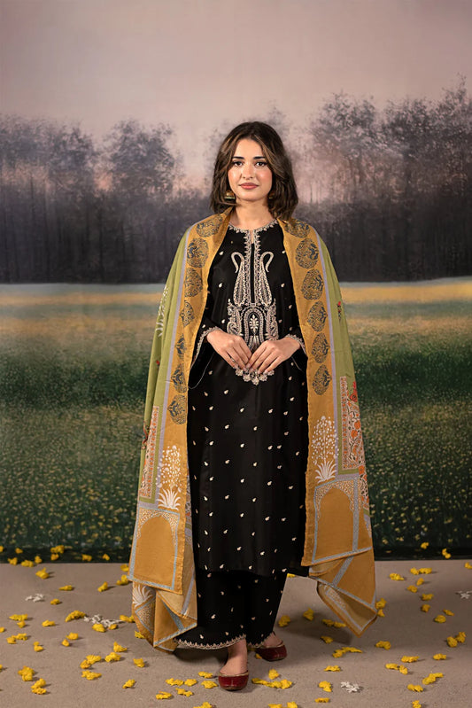 BrandsInn-3PC DHANAK EMBROIDERED SHIRT WITH COUTRAI PRINTED SHAWL & DHANAK EMB TOUSER-BI-4179