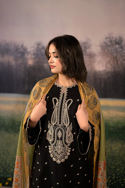 BrandsInn-3PC DHANAK EMBROIDERED SHIRT WITH COUTRAI PRINTED SHAWL & DHANAK EMB TOUSER-BI-4179