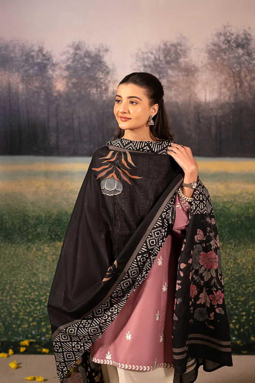 BrandsInn-3PC DHANAK EMBROIDERED SHIRT WITH COUTRAI WOOL PRINTED SHAWL AND EMB TROUSER-BI-4151