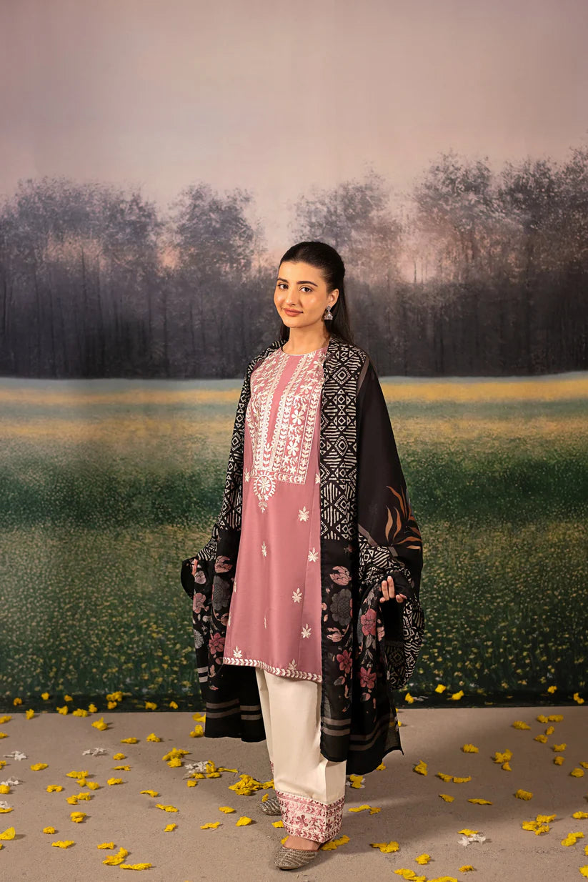 BrandsInn-3PC DHANAK EMBROIDERED SHIRT WITH COUTRAI WOOL PRINTED SHAWL AND EMB TROUSER-BI-4151