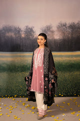 BrandsInn-3PC DHANAK EMBROIDERED SHIRT WITH COUTRAI WOOL PRINTED SHAWL AND EMB TROUSER-BI-4151