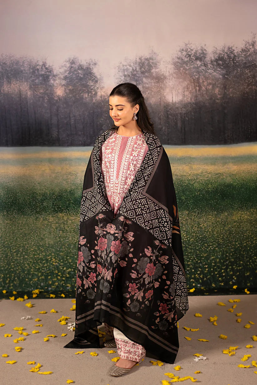 BrandsInn-3PC DHANAK EMBROIDERED SHIRT WITH COUTRAI WOOL PRINTED SHAWL AND EMB TROUSER-BI-4151