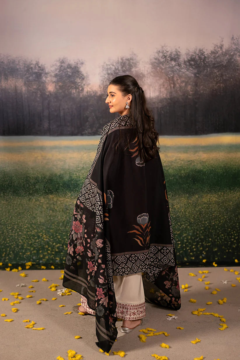 BrandsInn-3PC DHANAK EMBROIDERED SHIRT WITH COUTRAI WOOL PRINTED SHAWL AND EMB TROUSER-BI-4151
