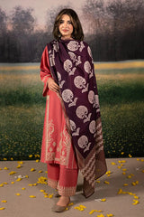 BrandsInn-3PC DHANAK EMBROIDERED SHIRT WITH COURTRAI PRINTED SHAWL AND EMB TROUSER-BI-4204